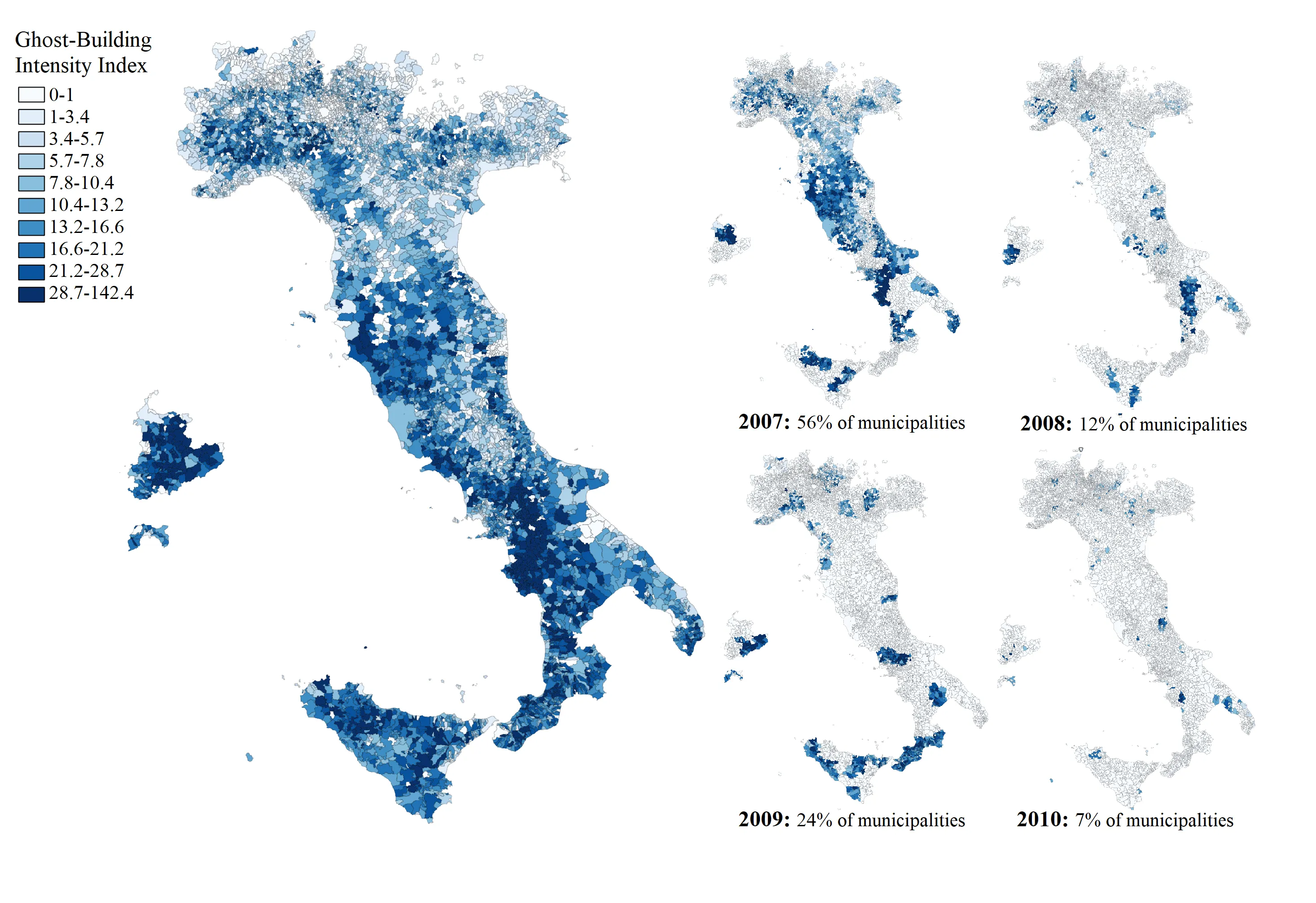 Italy choropleth map: four-year change in property tax rates by municipality.